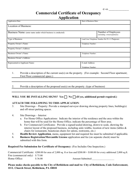 First page of the Application for Building Commercial Certificate of Occupancy