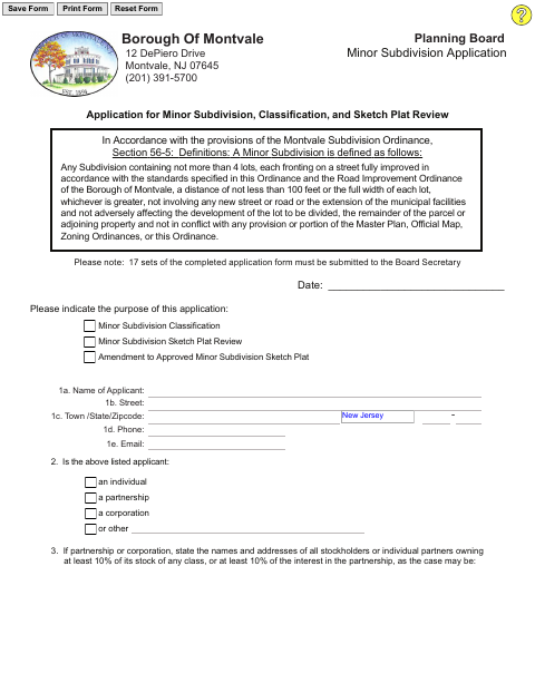 First page of the Minor Subdivision Application and Sketch Plat Review