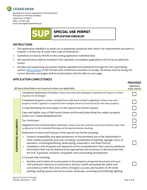 First page of the Special Use Permit Application Checklist