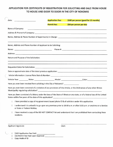 First page of the Application for Certificate of Registration for Soliciting and Door-to-Door Sales
