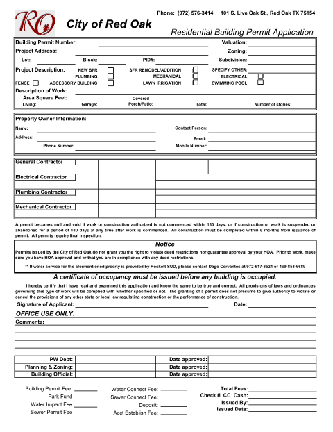 First page of the Residential Permit Application