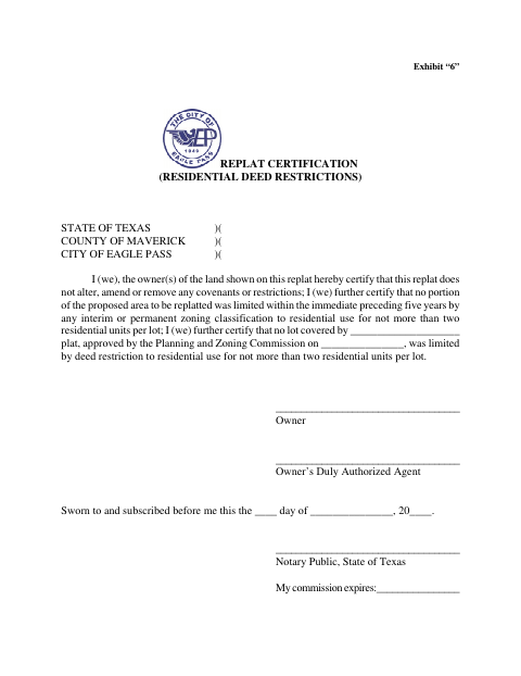 First page of the Replat Certification (Residential Deed Restrictions)