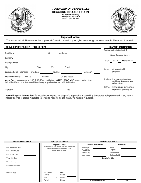 First page of the Records Request Form