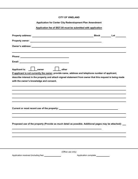 First page of the Application for Center City Redevelopment Plan Amendment