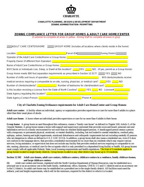 First page of the Zoning Compliance Letter for Group Homes and Adult Care Homes or Centers