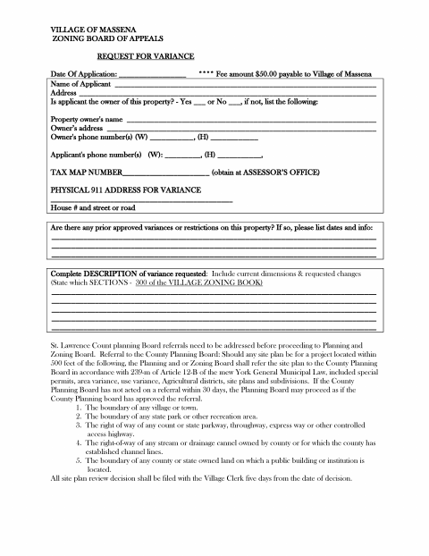First page of the Zoning Board of Appeals Request for Variance