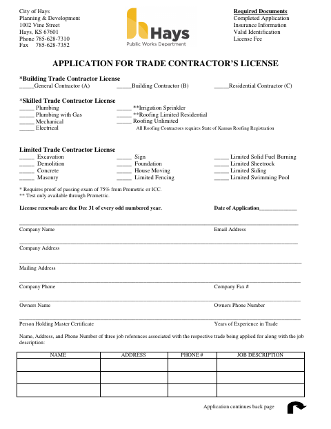 First page of the Contractor License Application