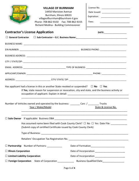 First page of the Contractor License Application