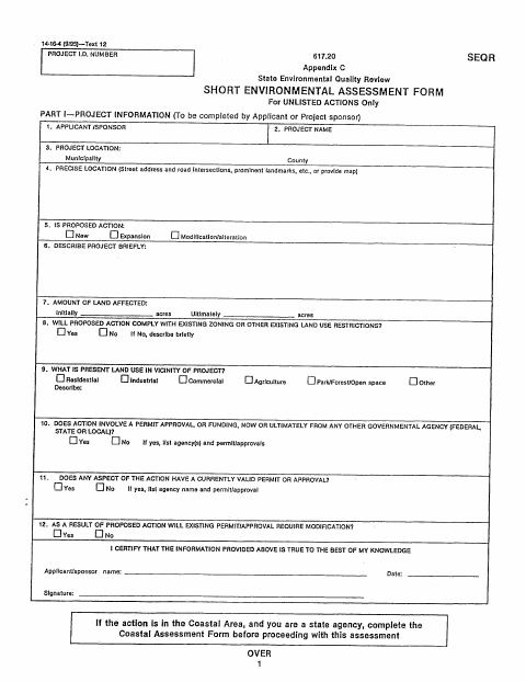 First page of the SEQR Short Environmental Assessment Form