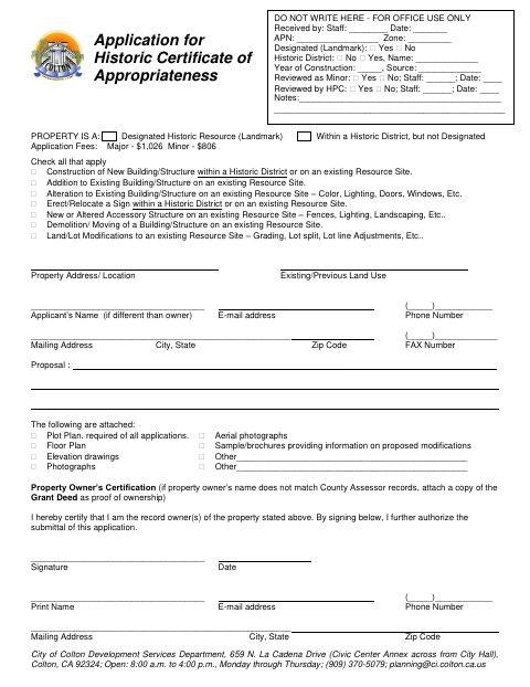 First page of the Historic Certificate of Appropriateness Application