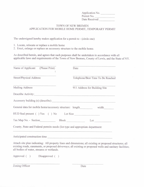 First page of the Mobile Home Permit Application
