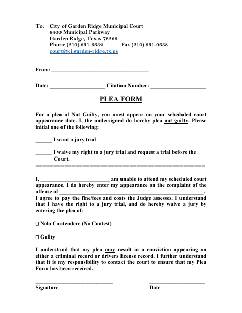 First page of the Municipal Court Plea Form