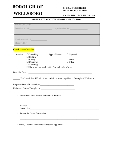 First page of the Street Excavation Permit Application