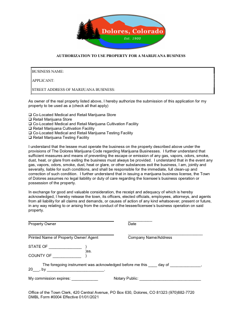 First page of the Authorization to Use Property for a Marijuana Business