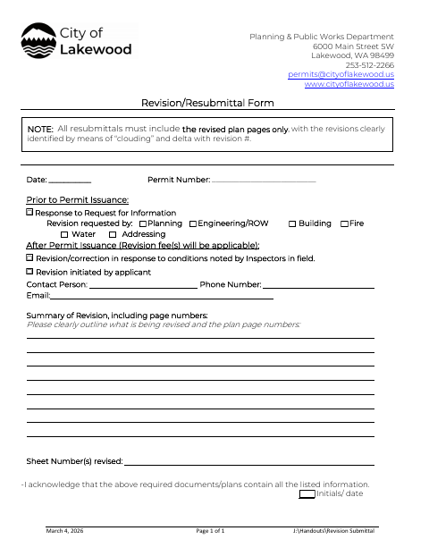 First page of the Revision/Resubmittal Form