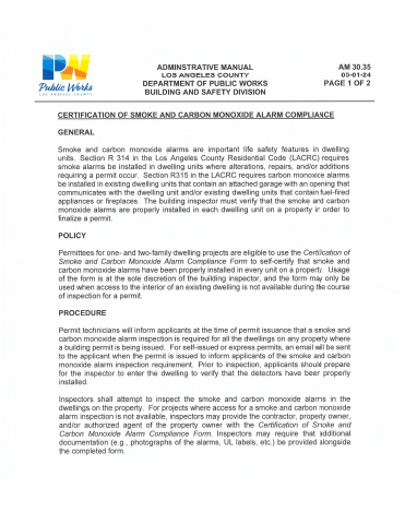 First page of the Certification of Smoke and Carbon Monoxide Alarm Compliance