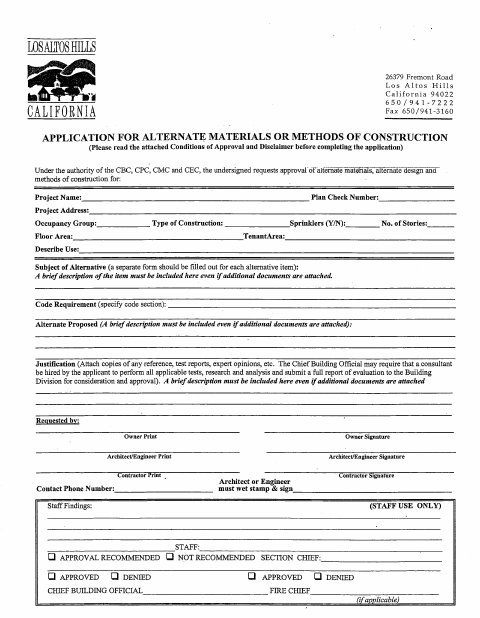 First page of the Application For Alternate Materials Or Methods Of Construction