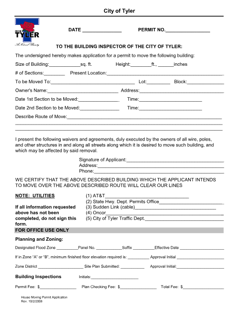 First page of the House Moving Permit Application
