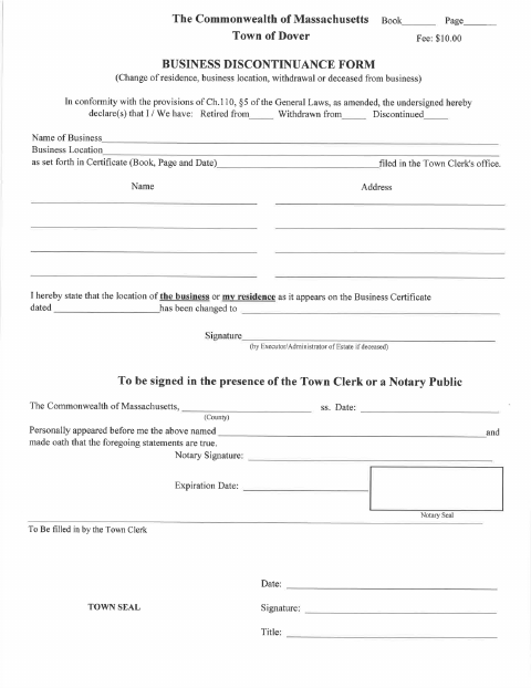 First page of the Business Discontinuance Form