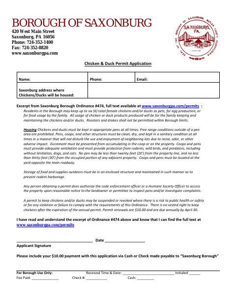 First page of the Chicken & Duck Permit Application
