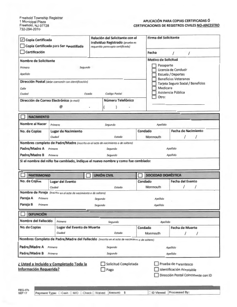 First page of the Solicitud De Copias Certificadas O Certificaciones De Registros Civiles No-Ancestros