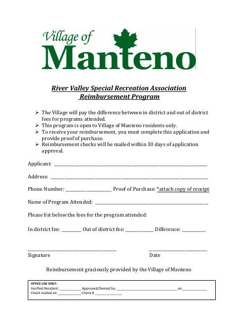 First page of the River Valley Special Recreation Association Reimbursement Program