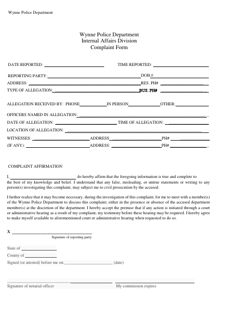 First page of the Police Internal Affairs Complaint Form