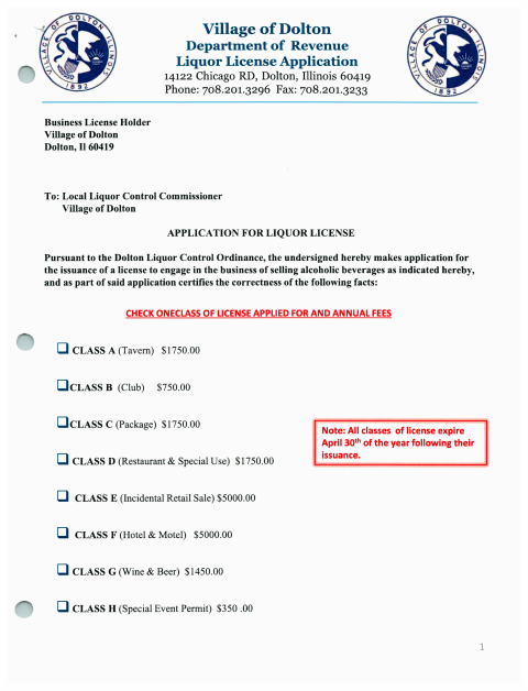 First page of the Liquor License Application