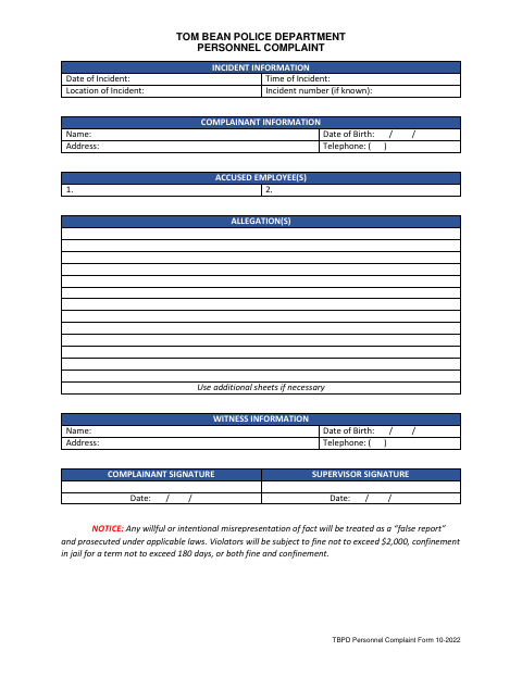 First page of the Personnel Complaint