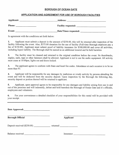 First page of the Adrian Hall Application and Agreement for Use of Borough Facilities