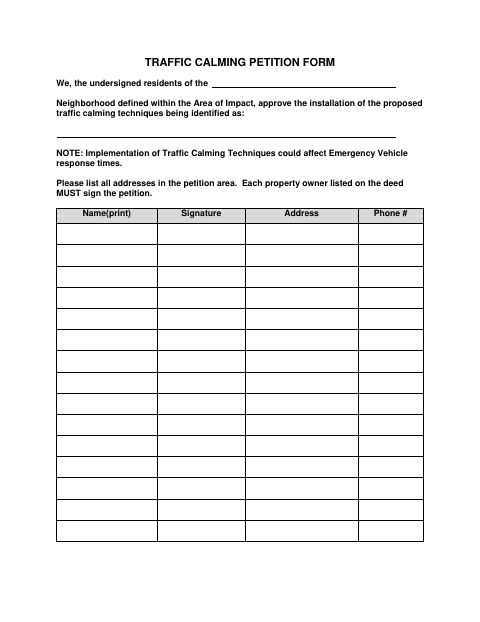 First page of the Traffic Calming Petition Form