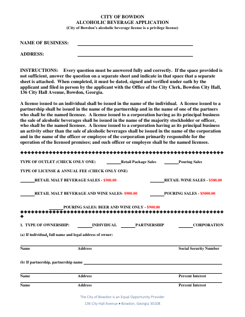 First page of the Alcoholic Beverage License Application