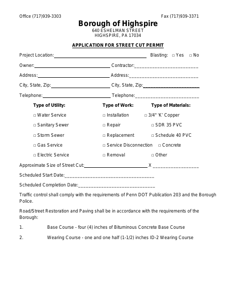 First page of the Application for Street Cut Permit
