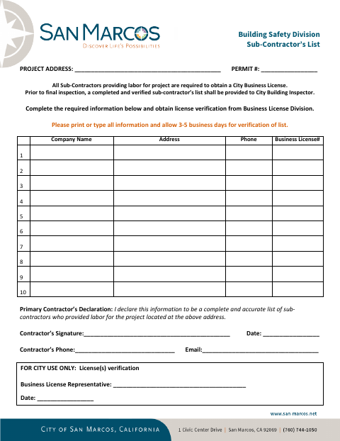 First page of the Sub-Contractor’s List