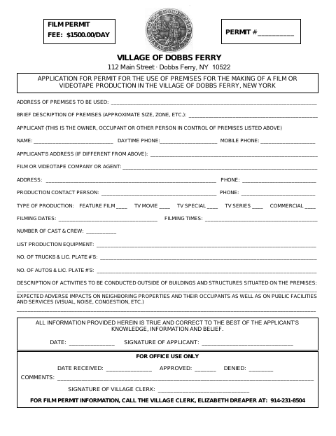 First page of the Application for Permit for the Use of Premises for the Making of a Film or Videotape Production
