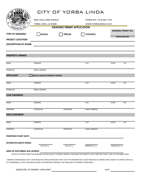 First page of the Grading Permit Application