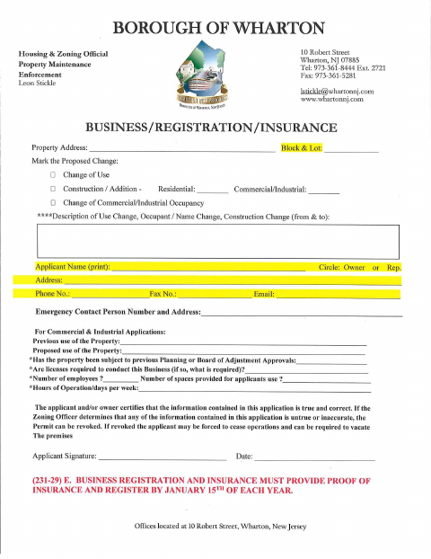 First page of the New Business & Insurance Registration Application