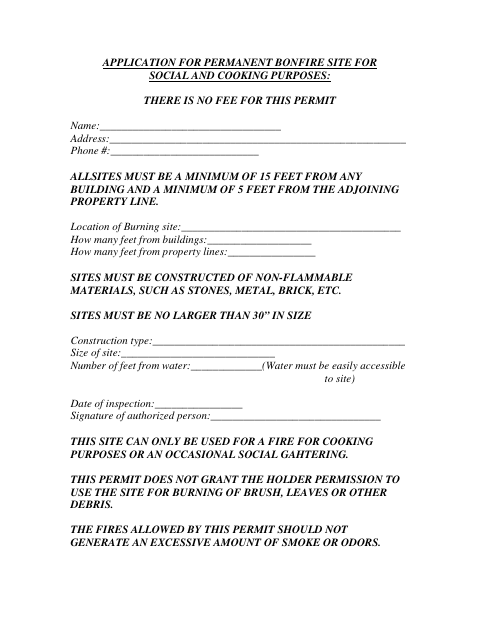 First page of the Application for Permanent Bonfire Site for Social and Cooking Purposes