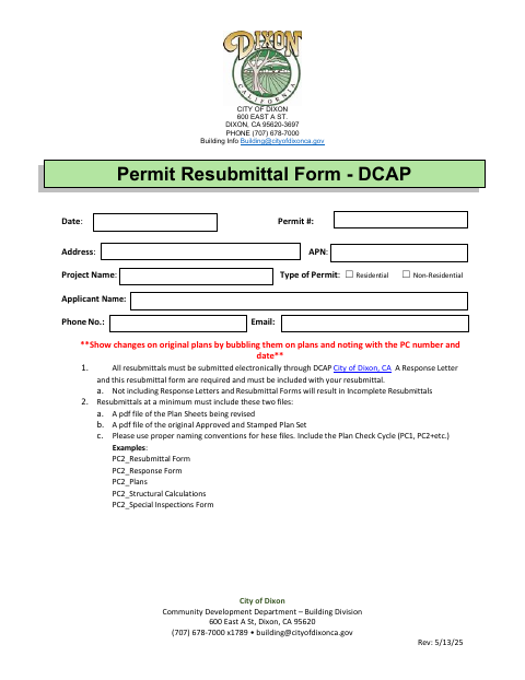 First page of the Permit Resubmittal Form