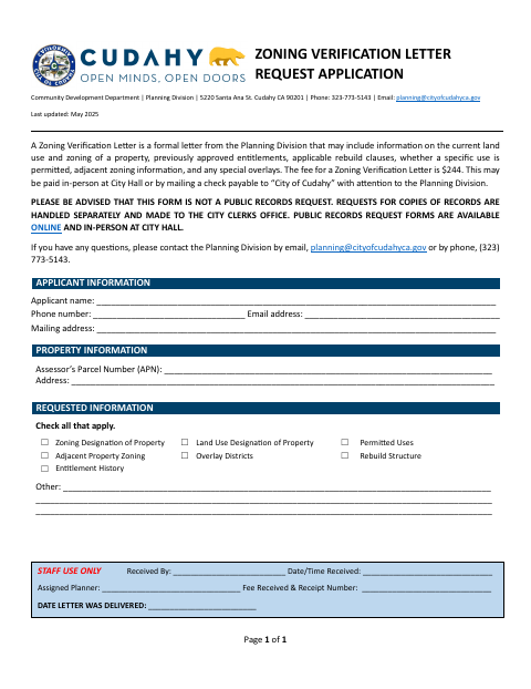 First page of the Zoning Verification Letter Request Application