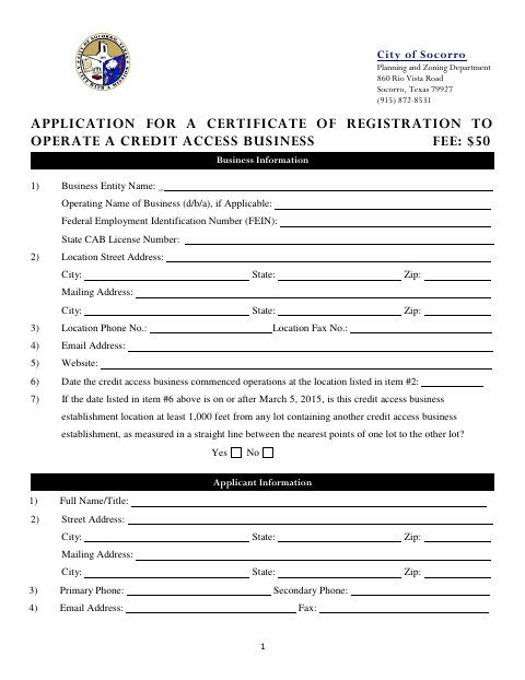 First page of the Application for a Certificate of Registration to Operate a Credit Access Business