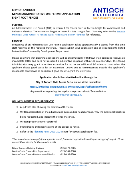 First page of the Eight Foot Fence Administrative Use Permit Application