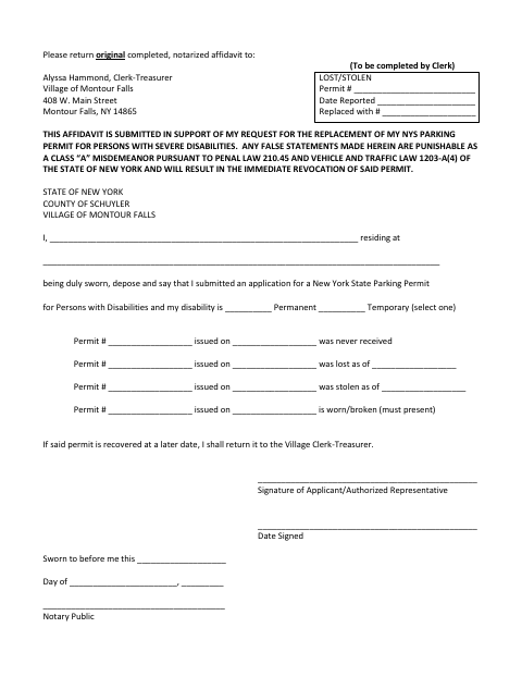 First page of the Lost or Stolen Parking Permit Affidavit