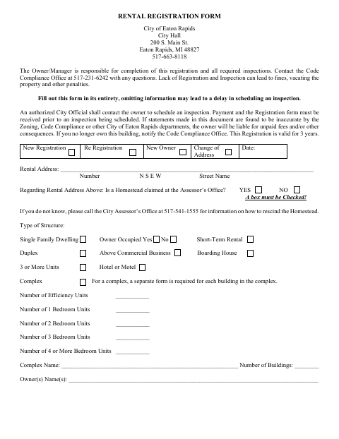 First page of the Rental Registration Form