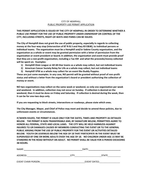 First page of the Public Property Use Permit Application