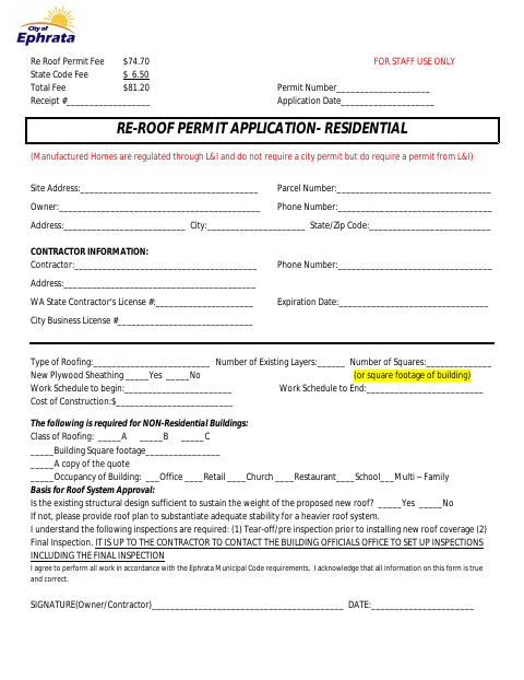 First page of the Re-Roof Permit Application - Residential