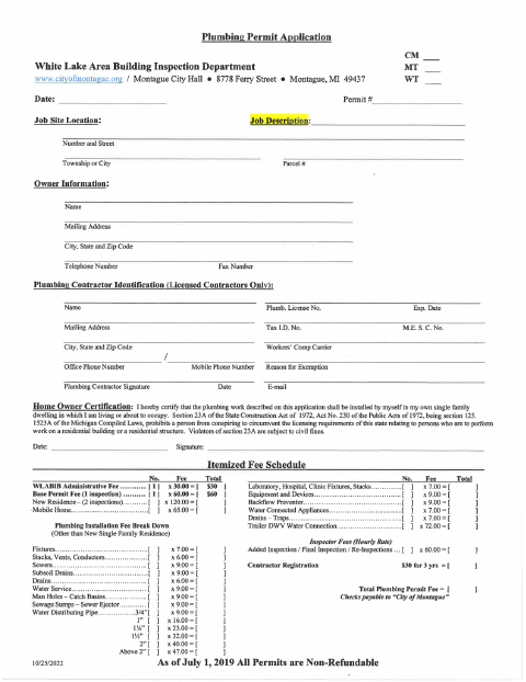 First page of the Plumbing Permit Application