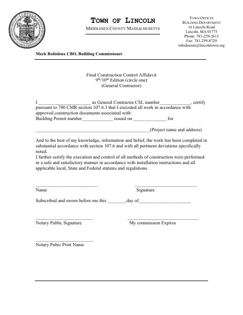 First page of the Final Construction Control Affidavit (General Contractor)