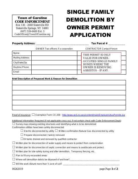 First page of the Single Family Demolition by Owner Permit Application