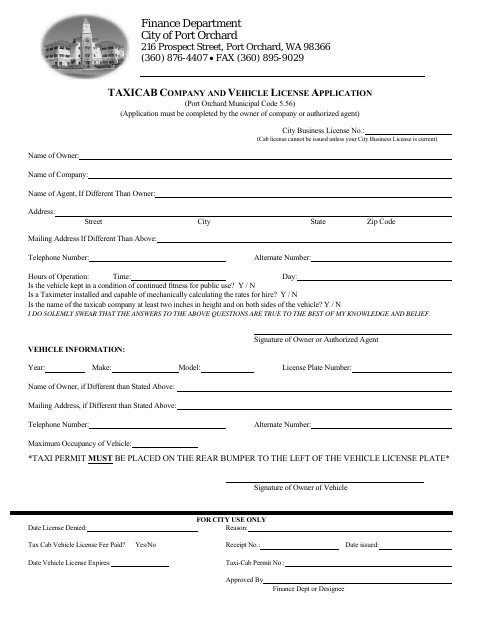 First page of the Taxicab Company and Vehicle License Application